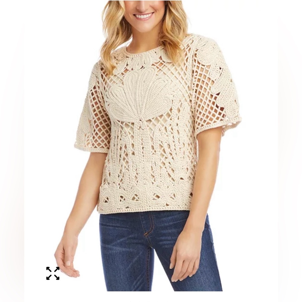 Karen Kane women's crochet features an intricate shell pattern cotton Top NWT
